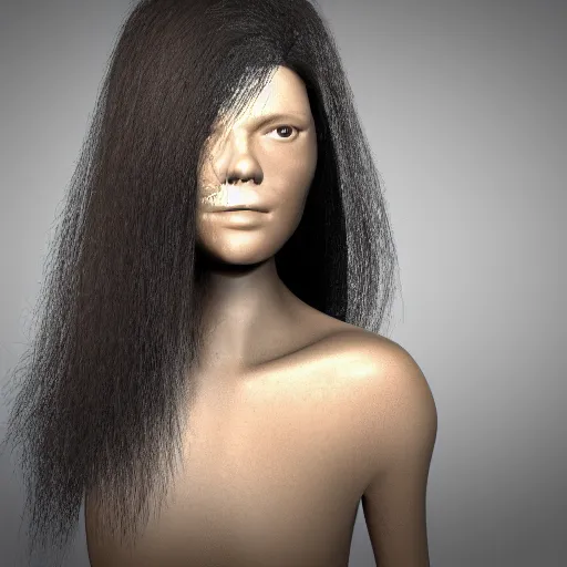 Image similar to blob with a detailed face and long rendered hair, 3 d render, rendered lighting