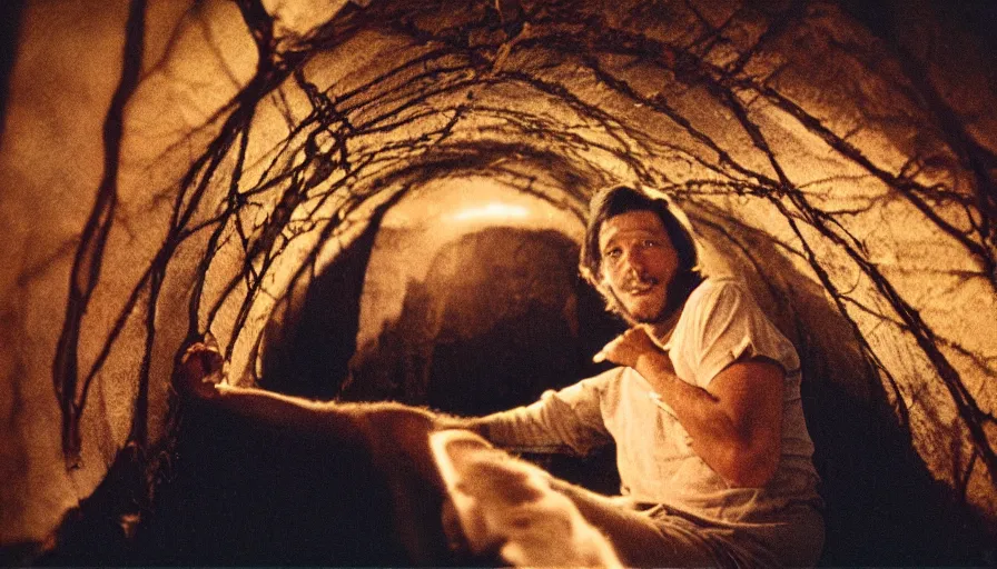 Image similar to 1 9 7 0 s movie still of a man in a barque in a moth tunnel, cinestill 8 0 0 t