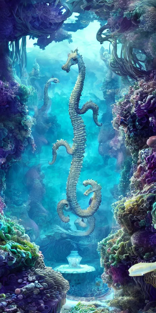 Image similar to mythical dreamy organic translucent bio-mechanical overpopulated underwater beautiful city of Atlantis with seahorses, highly detailed, intricate crystal jelly ornate, poetic, 3D render, digital art, octane render, 8K artistic photography, photo-realistic, by Dora Maar