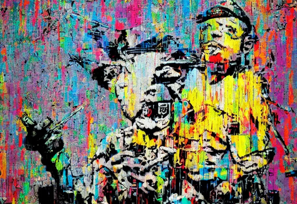 Image similar to full color banksy graffiti anti art, rage against the status quo, detailed, realistic, glitch art effect