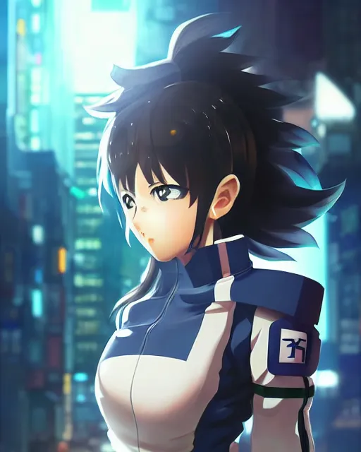 Prompt: portrait of anime girl in mechanic armor in night tokyo by makoto sinkai, my hero academia, perfect face, fine details