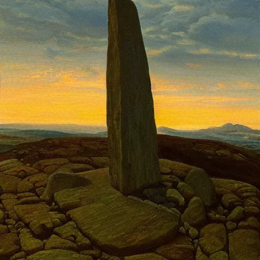 Prompt: a beautifully detailed oil painting of a menhir covered in celtic runes, on the top of a hill, dusk, caspar david friedrich, artstation