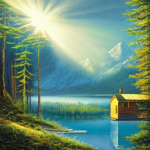 Image similar to A beautiful experimental art of a mountain lake scene with a cabin nestled in the woods. The light shining through the trees and reflecting off the water is stunning. Garfield by Jacek Yerka subtle