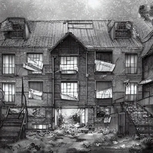 Prompt: Abandoned and derelict apartment complex in the style of Shōjo Shūmatsu Ryokō (girl's last tour) Tsukumizu, pixiv, pinterest anime, art by a known anime artist, art by manga, realistic, wide focus, 8k ultra, insanely detailed, intricate, elegant, art by Laurie Lipton, digital art