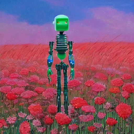 Prompt: a beautiful painting of a busted and broken humanoid robot android in a field of flowers by moebius