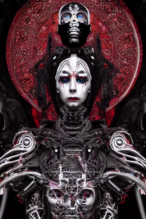 Prompt: full-body cyberpunk style sculpture of a young beautiful dark priestess, half android with a head opening exposing circuitry, glowing red eyes, black roses, flowing blood-red colored silk, fabric, candles. baroque elements. human skull. full-length view. baroque element, intricate artwork by Caravaggio. crows flying in background. Trending on artstation. octane render, cinematic lighting from the right, hyper realism, octane render, 8k, depth of field, 3D