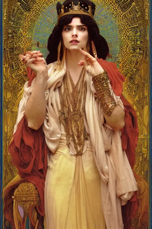 Image similar to Portrait of historically accurate, biblical, sneering, young, wicked, terrible, evil, pagan, beautiful, queen jezebel of ancient Israel, wearing gilded robes, long hair, intricate, elegant, highly detailed, masterpiece, illustration, art by artgerm and greg rutkowski and alphonse mucha and Wayne Barlowe and william-adolphe bouguereau, highly detailed, trending on artstation, award winning