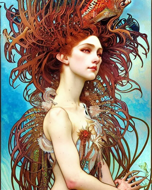 Prompt: realistic detailed face portrait of an elaborately dressed beautiful lionfish queen with coral reef hair by alphonse mucha, ayami kojima, amano, charlie bowater, karol bak, greg hildebrandt, jean delville, and mark brooks, art nouveau, pre - raphaelite, gothic, rich deep moody colors, coral reef by ernst haeckel, fantasy