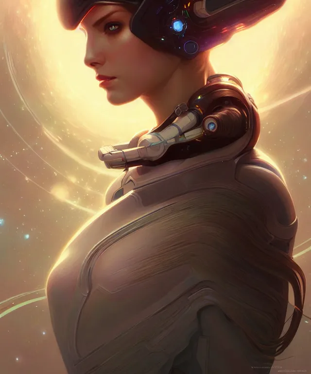 Prompt: futuristic space woman portrait, sci-fi, amber eyes, face, long hair, fantasy, intricate, elegant, highly detailed, digital painting, artstation, concept art, smooth, sharp focus, illustration, art by artgerm and greg rutkowski and alphonse mucha