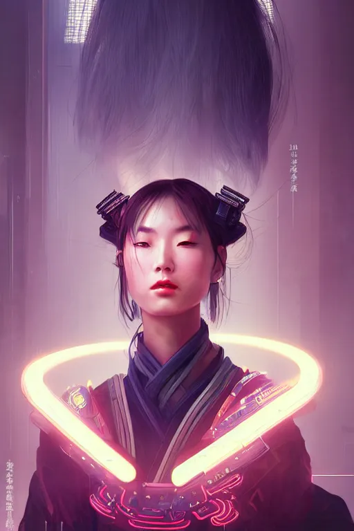 Image similar to portrait futuristic Samurai Girl, in future cyberpunk tokyo rooftop , ssci-fi, fantasy, intricate, very very beautiful, elegant, human anatomy, neon light, highly detailed, digital painting, artstation, concept art, smooth, sharp focus, illustration, art by tian zi and WLOP and alphonse mucha