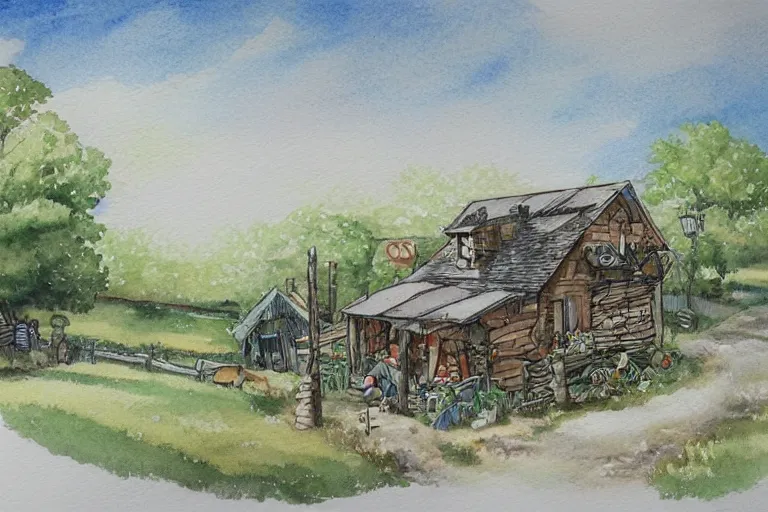 Image similar to country road store goose watercolor pen trending on artstation