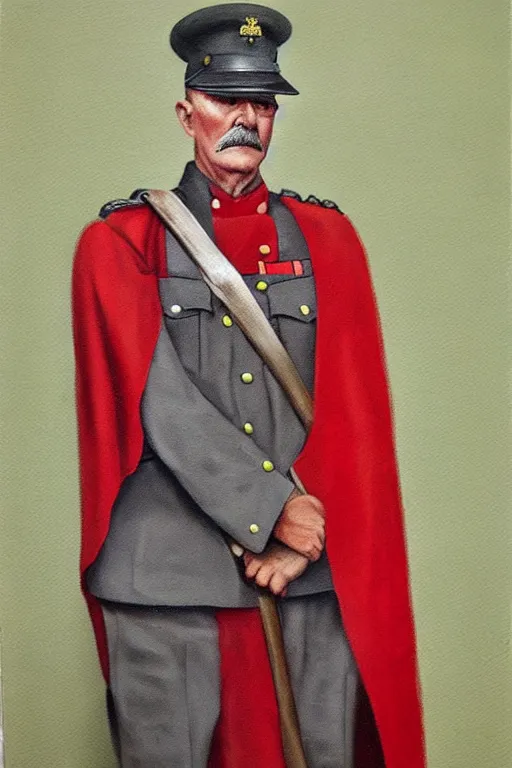 Image similar to ww 1 general wearing drab grey uniform, long red heroic cape with green trim on his back, oil on canvas