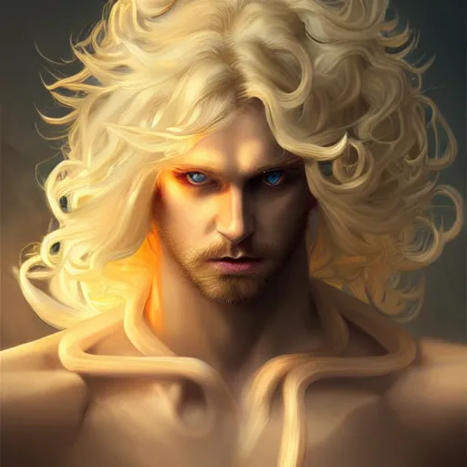 Image similar to digital art of a pale menacing male Cyborg Angel of Battle with fluffy blond curls of hair and piercing eyes, central composition, he commands the fiery power of resonance and wrath, very very long blond curly hair, baroque curls, by WLOP, Artstation, CGsociety