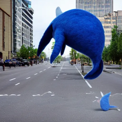 Image similar to photo of a life sized needle - felted blue whale crossing the street