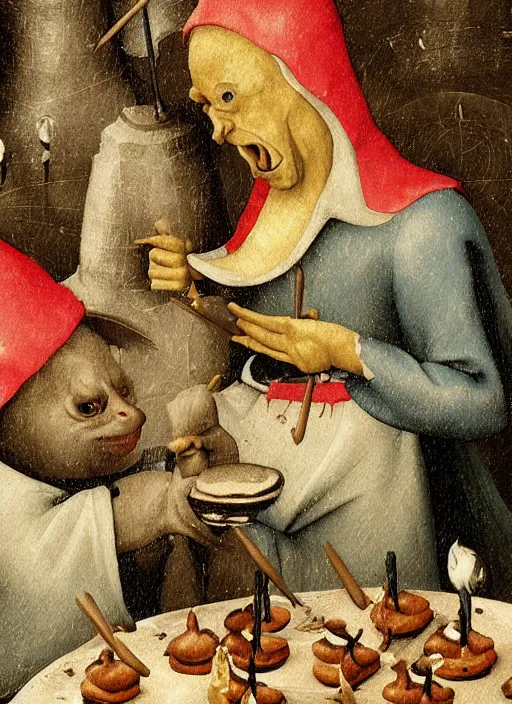 Image similar to medieval goblin eating cakes painted by hieronymus bosch, detailed digital art, trending on Artstation