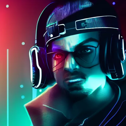 Image similar to electronic dj portrait, dj performing live streaming to online, cyberpunk 2 0 7 7, cyberpunk, photorealistic, ultra detailed, neon, octane, bokeh, cinematic lighting, cyber, cyberpunk city, headphones, studio quality, feature, scars, cyberface, 8 k