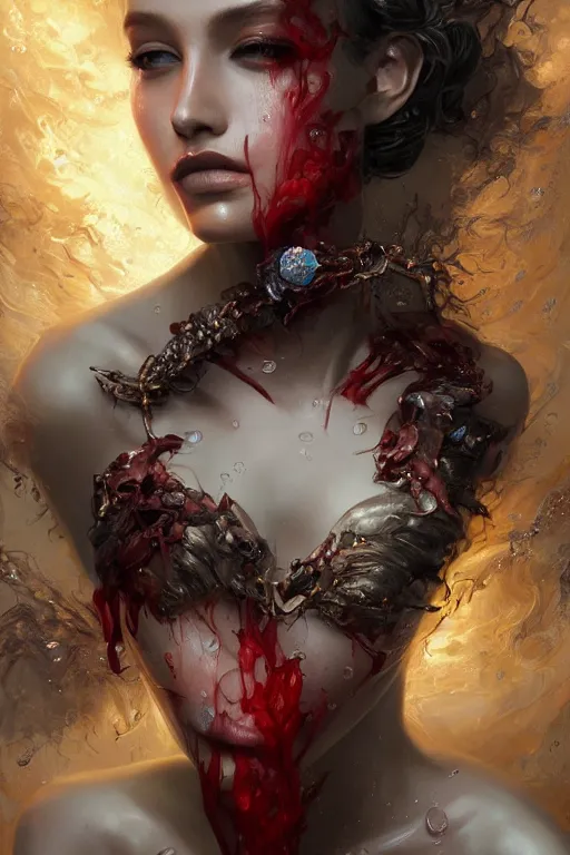 Image similar to beautiful model face covered with blood diamonds wearing fire velvet drowning in water, diamonds, angel, fantasy, dramatic lighting, highly detailed, digital painting, magic the gathering, hyper detailed, 3 d render, hyper realistic detailed portrait, peter mohrbacher, wlop, ruan jia