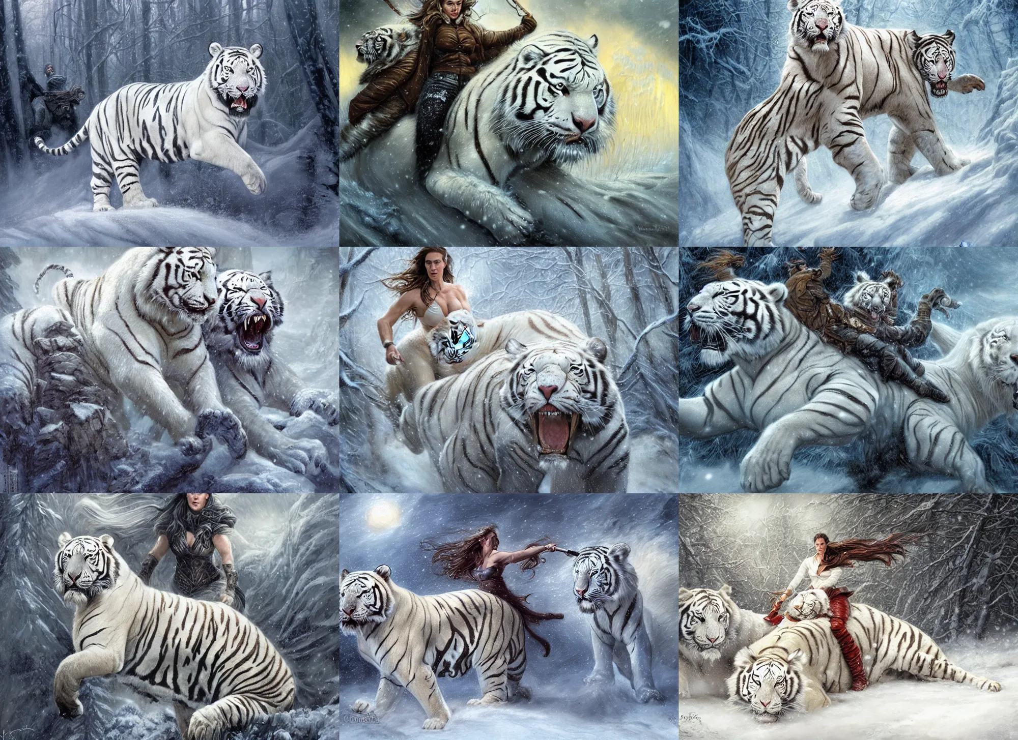 Image similar to portrait of muscled Jennifer Connelly riding a fierce large white tiger, wintery scene, snow storm, Donato Giancola, Mark Brooks, Ralph Horsley, Charlie Bowater, Artgerm, Christopher Balaskas, Bastien Lecouffe-Deharme