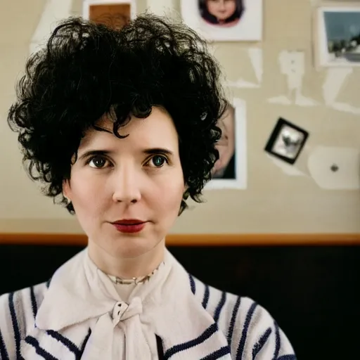 Image similar to a woman, short curly black hair, round face, still from a Wes Anderson Movie,