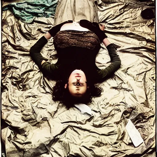 Image similar to a girl mutant Ophelia by Sir John Everett Millais laying on a dirty mattress covered in filth and garbage in an dark concrete basement room covered in trash. 35mm film. Cursed image.