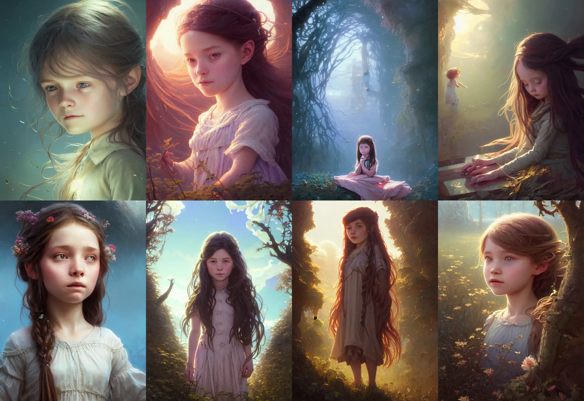 Image similar to highly detailed portrait of a little girl with long hairs, stephen bliss, unreal engine, fantasy art by greg rutkowski, loish, rhads, ferdinand knab, makoto shinkai and lois van baarle, ilya kuvshinov, rossdraws, tom bagshaw, alphonse mucha, global illumination, radiant light, detailed and intricate environment