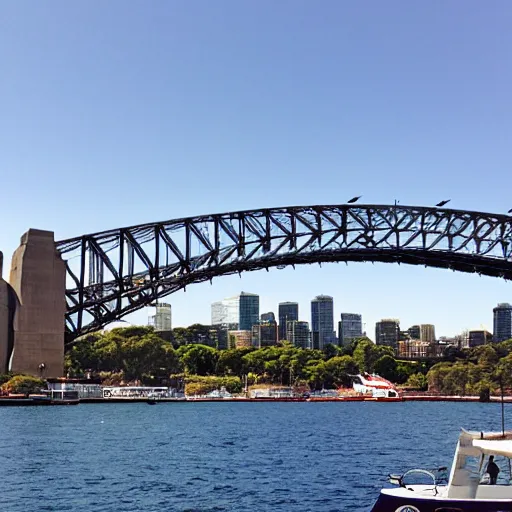 Image similar to a weedy pig eating berries looking at the Sydney Harbour Bridge from east circular quay