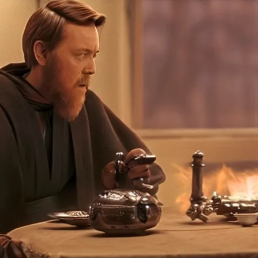 Image similar to Obi Wan sits at a table with Darth Vader and Drinks tea. Screenshot from Movie, Movie Still, 8k, High Resolution, Highly Detailed