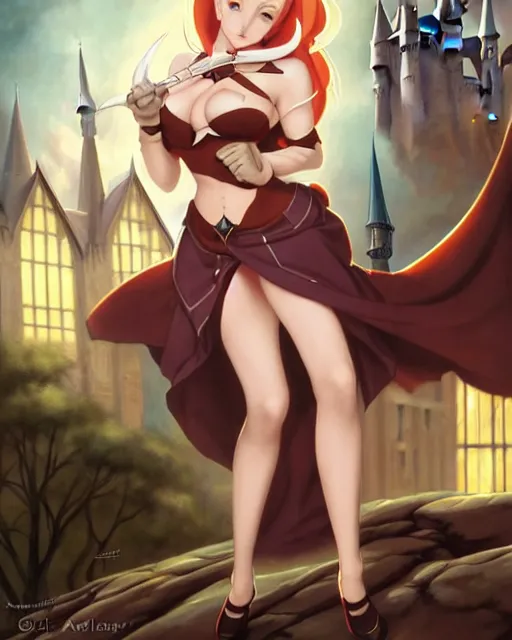 Image similar to pinup photo of cute caracal in the crowded square of hogwarts, asuna by a - 1 pictures, by by peter mohrbacher, gil elvgren, enoch bolles, glossy skin, pearlescent, anime, very coherent, sao style anime, flat