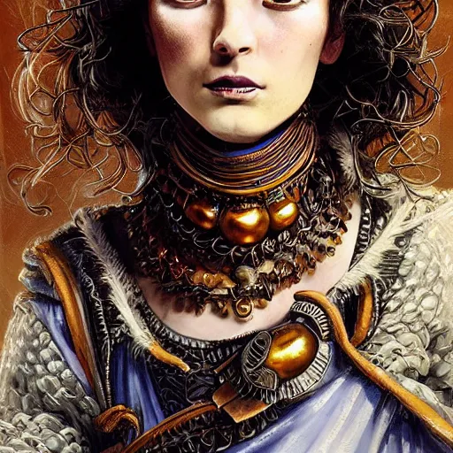 Image similar to portrait, headshot, insanely nice professional hair style, dramatic hair color, digital painting, of a old 17th century, Greek Goddess, old cyborg merchant, amber jewels, baroque, ornate clothing, scifi, realistic, hyperdetailed, chiaroscuro, concept art, art by Franz Hals and Jon Foster and Ayami Kojima and Amano and Karol Bak,