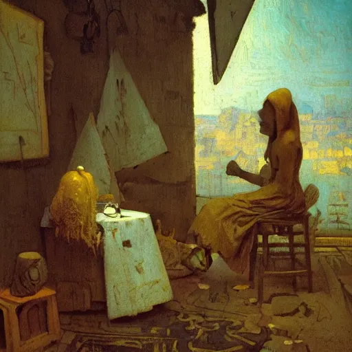 Image similar to primitive society illustrated by johannes vermeer, greg rutkowski, gaston bussiere, van gogh, davinci, and zdzisław beksinski, award - winning, cgsociety contest winner