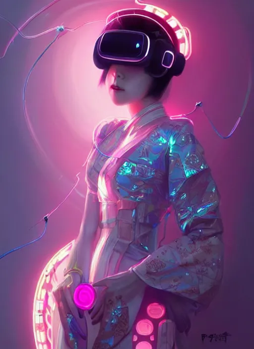 Image similar to portrait of female japanese android wearing a vr headgear and in an elaborate kimono dress, hologram hovering around her, intricate detail, cyber neon lighting, highly detailed, beautiful wide angle photography, artstation, glamor pose, concept art, art by peter mohrbacher, pinterest, artstation,