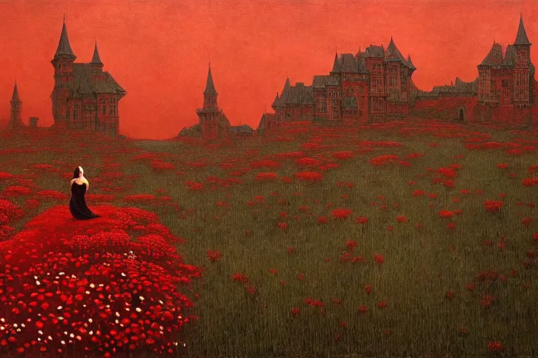 Image similar to only with red, red flowers of different types, a red tiger, a castle in the background, medieval demons dance over the flowers, an ancient path, in the style of beksinski, part by hopper, part by rodcenko, part by hofbauer, intricate composition, red by caravaggio, insanely quality, highly detailed, masterpiece, red light, artstation