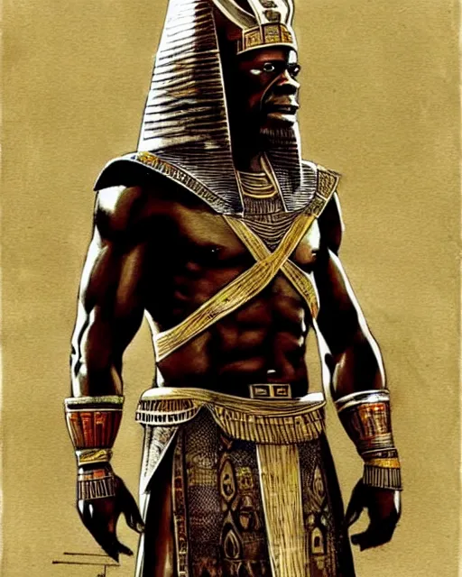 Image similar to concept art by anders zorn and craig mullins depicting djimon hounsou as a tall and very lean temple guard dressed in ancient egyptian decorative armor and flowing robes