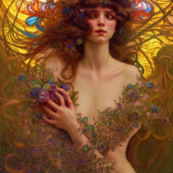 Image similar to extremely psychedelic, DoF, LSD, diffuse lighting, fantasy, intricate, elegant, highly detailed, lifelike, photorealistic, digital painting, artstation, illustration, concept art, smooth, sharp focus, art by John Collier and Albert Aublet and Krenz Cushart and Artem Demura and Alphonse Mucha