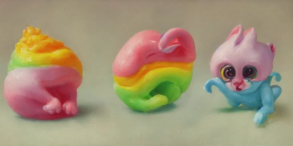 Prompt: rainbow sorbet made in the shape of 3 d littlest pet shop animal, realistic, melting, soft painting, desserts, ice cream, master painter and art style of noel coypel, art of emile eisman - semenowsky, art of edouard bisson