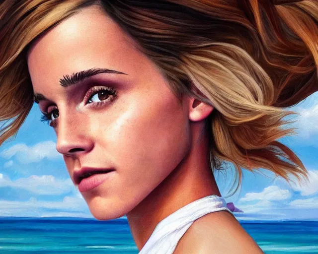 Prompt: photorealistic painting of emma watson sunbathing at the beach, detailed, heavy makeup on face