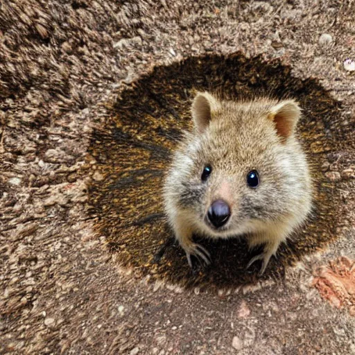 Prompt: low angle photograph of a quokka looking down