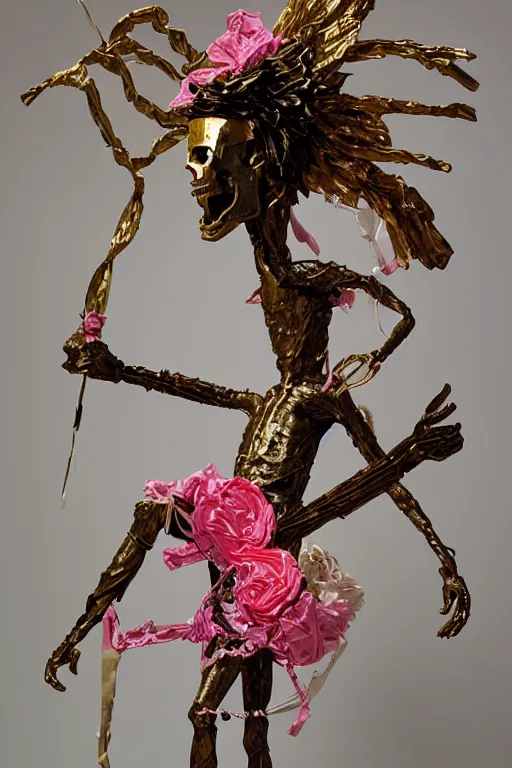 Image similar to papercraft scene made entirely of pipecleaners and crumpled foil of Jean-Michel Basquiat as a full-body bronze baroque statue of Icarus in the posing like a bird for flight, crown of peach roses, flowing pink-colored silk, fabric, flowers. baroque elements, human skull. full-length view. baroque element. intricate artwork by caravaggio. many many birds birds on background. Trending on artstation, octane render, cinematic lighting from the right, hyper realism, octane render, 8k, depth of field, 3D