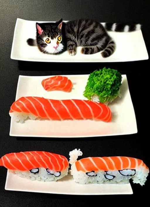 Image similar to clear photorealistic picture of adorable cats made out of sushi