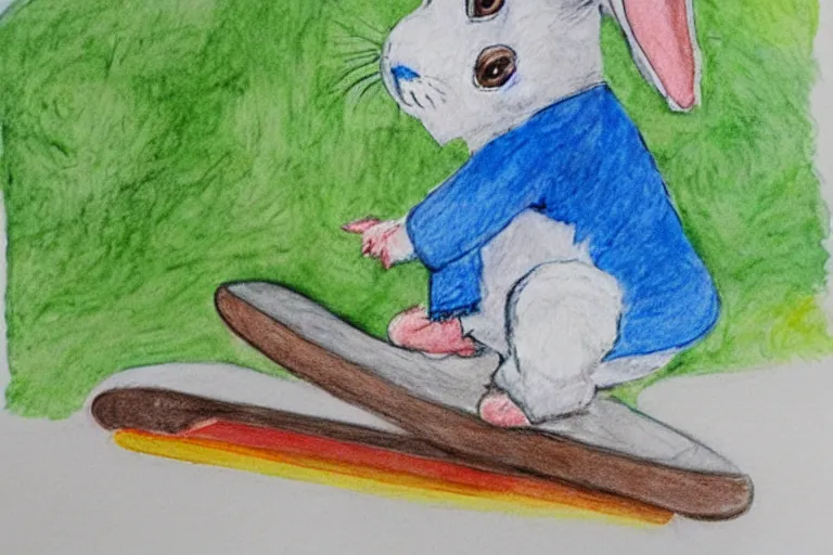 Image similar to a child's watercolor pencil painting of bunny playing skateboard.