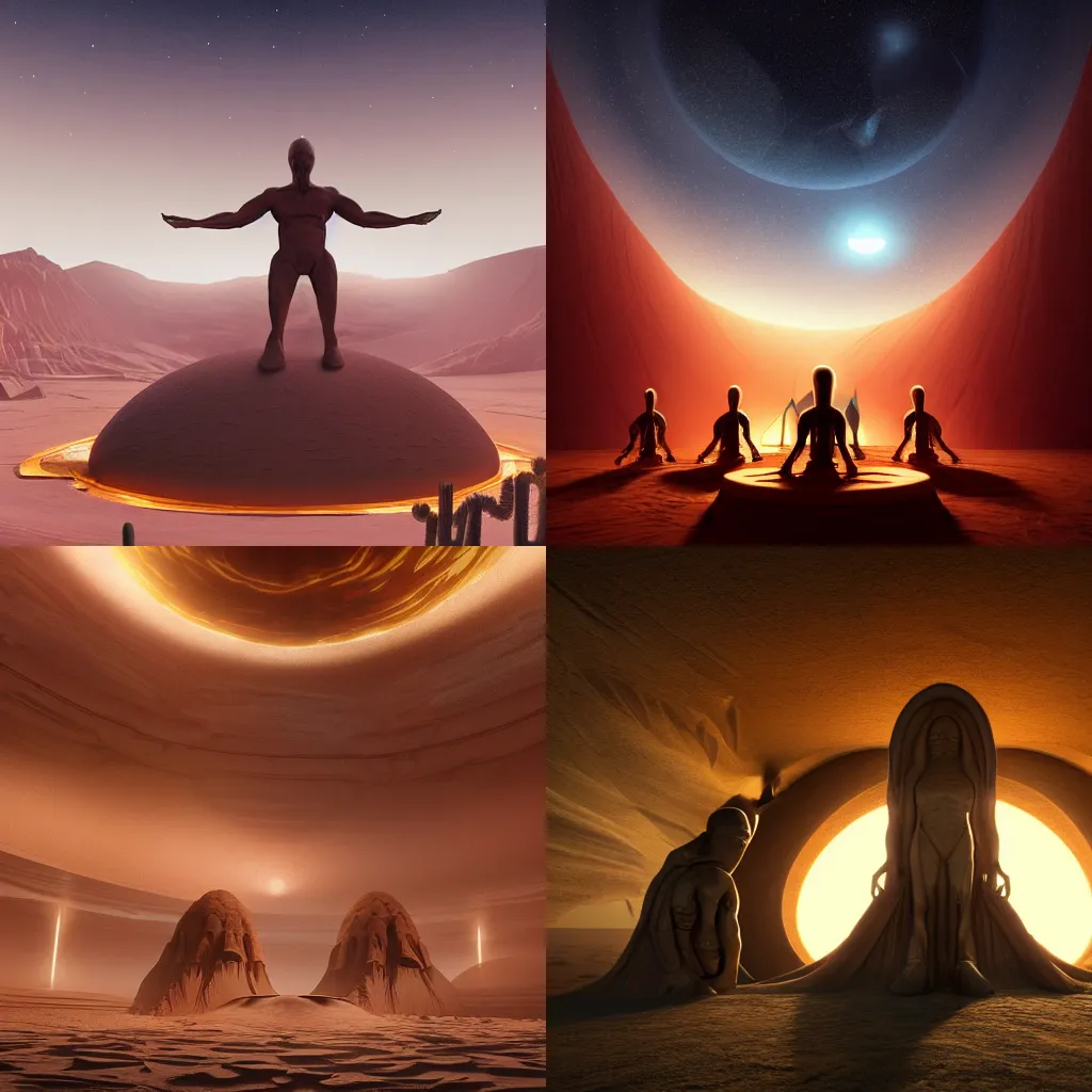 Prompt: alien civilization worshipping their deity inside a gigantic clay dome where a godlike silhouette is carved out in the ceiling, it is a place of worship, desert environment, cinematic composition, cinematic lighting, harmonious colors, trending on artstation and cgsociety