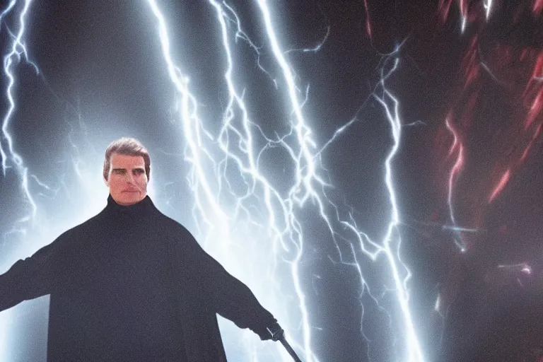 Image similar to (tom cruise!!) using force lighting, (palpatine)