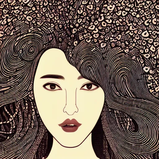 Prompt: a high resolution, 8k vogue photograph of a woman with a beautiful face and love heart swirling hair by Audrey kawasaki and James jean