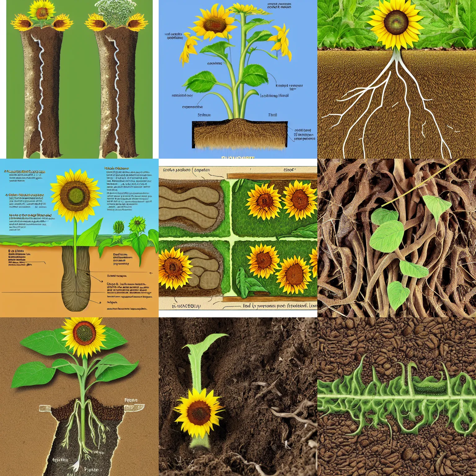 Prompt: a sunflower root diagram, above and below ground