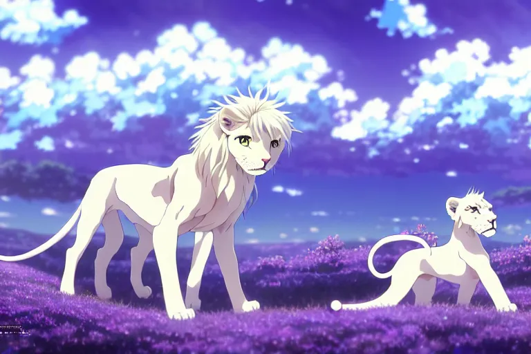 Prompt: a vast scene, panorama distant view, anime art full body portrait character concept art, hyper detailed scene render of a boy and a white lion, anime key visual of violet evergarden, finely detailed perfect face delicate features directed gaze, in the white clouds fairyland, trending on pixiv fanbox, violet evergarden, studio ghibli, james jean, extremely high quality artwork