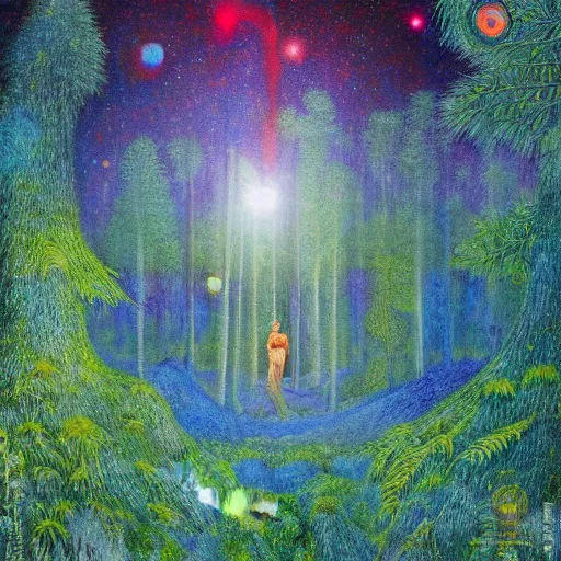 Image similar to psychedelic lush pine forest, outer space, milky way, amber eyes cat eyes designed by arnold bocklin, jules bastien - lepage, tarsila do amaral, wayne barlowe and gustave baumann, cheval michael, trending on artstation, star, sharp focus, colorful refracted sparkles and lines, soft light, 8 k 4 k