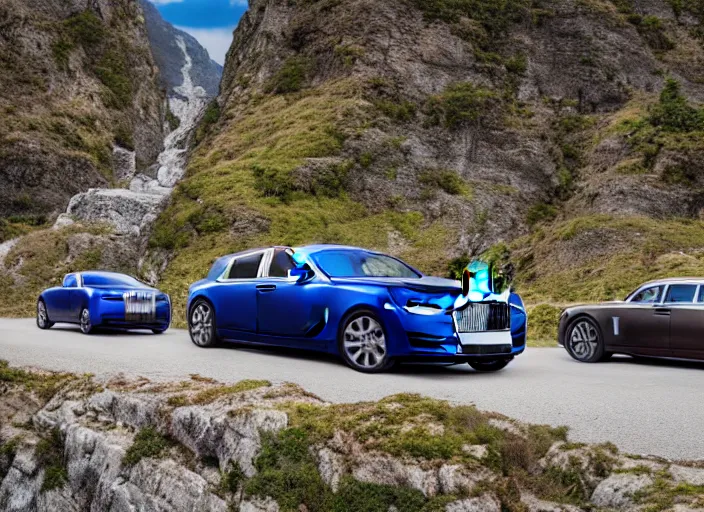 Image similar to hyper realistic ultra realistic photograph of a rolls royce fleet driving off a cliff, wide angle, highly detailed, 8k photograph