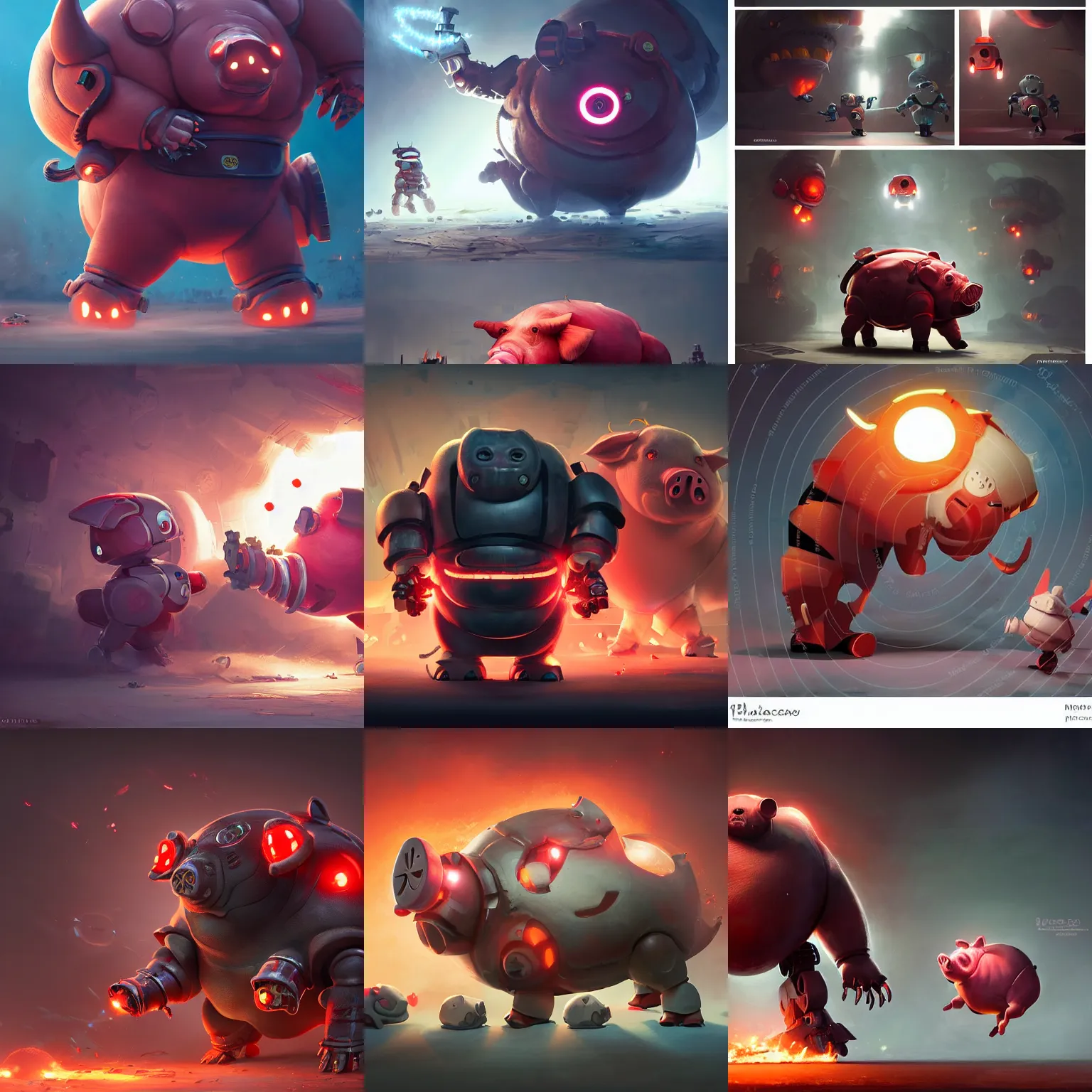 Prompt: sideview of cute chubby dangerous angry 3 years old robots childs in battle pose ruling the world with big glowing pig red eyes and big pig nose , big complex belly mechanism , studio light, wapor wave retro design trending by greg rutkowski