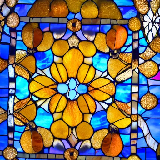 Prompt: fractal stained glass window of mango fruits, volumetric light