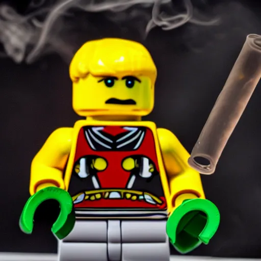 Prompt: A photo of LEGO Bionicle smoking a fat joint, lots of smoke, green red and yellow hues, 4k, award winning photo